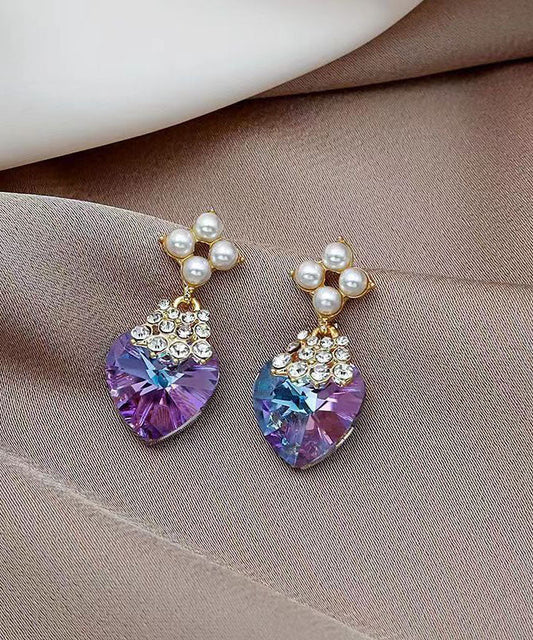 Purple Sterling Silver Inlaid Zircon Crystal Pearl Love Drop Earrings