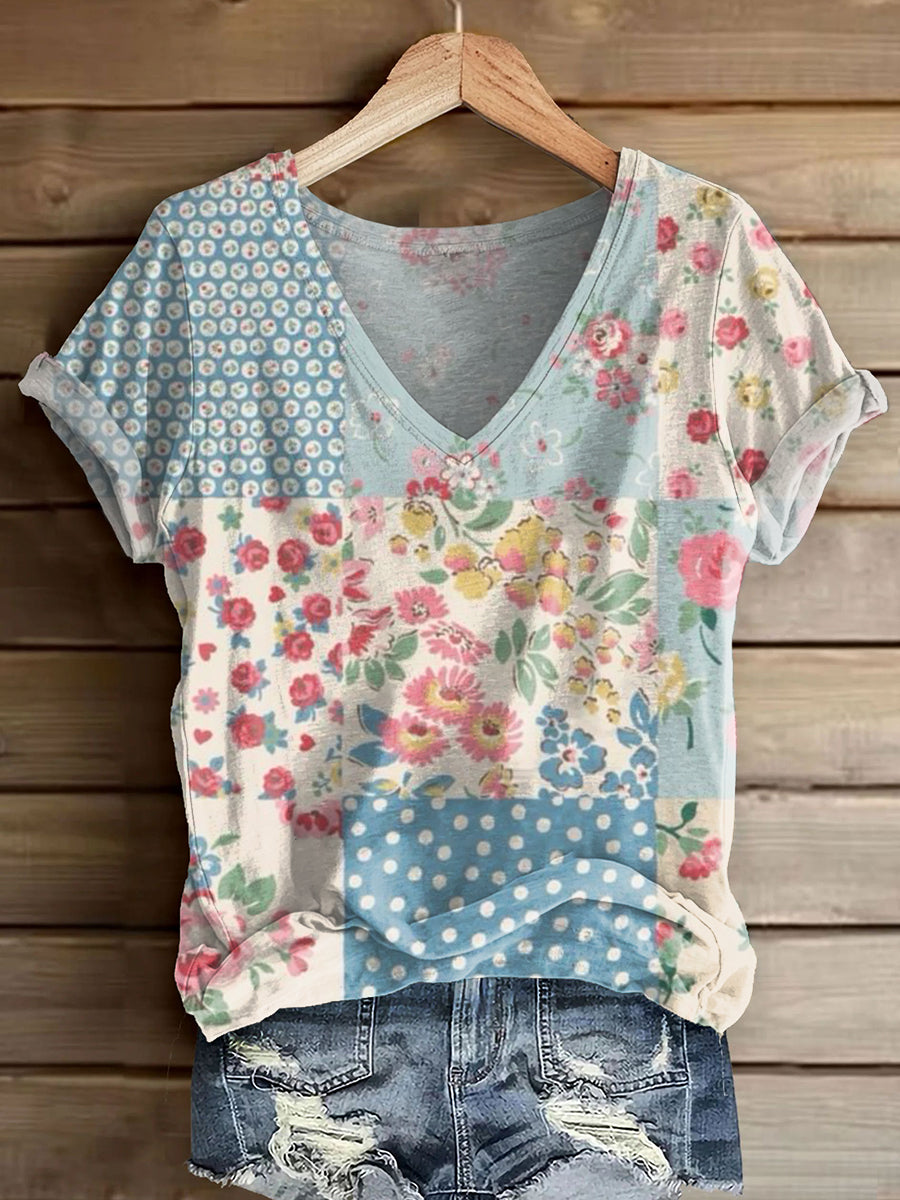 Women's Vintage Floral Patchwork Art Print V-neck Casual T-Shirt