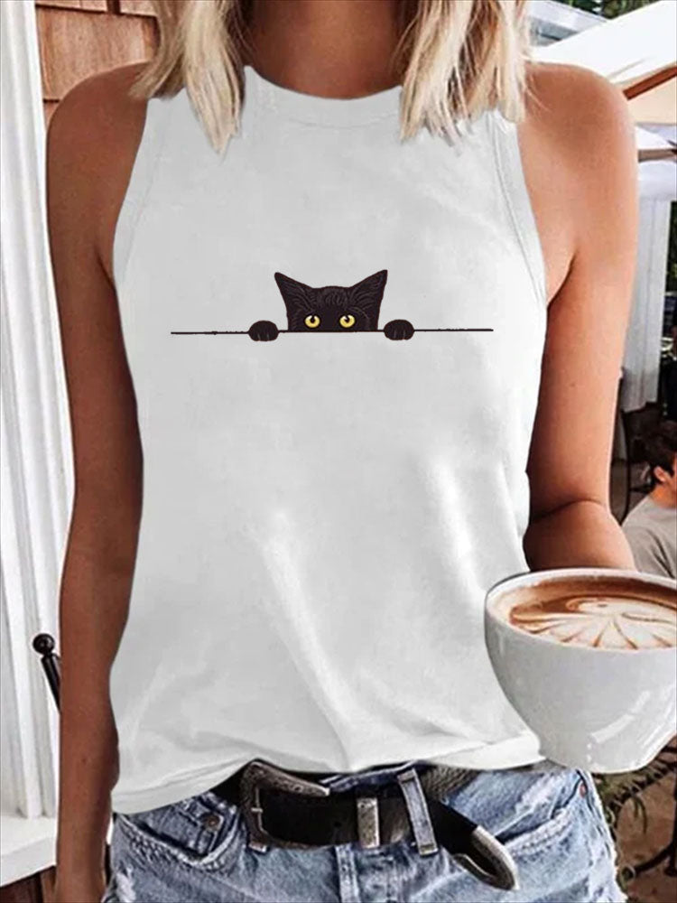 Comstylish Women's Casual Funny Black Cat Print Vest