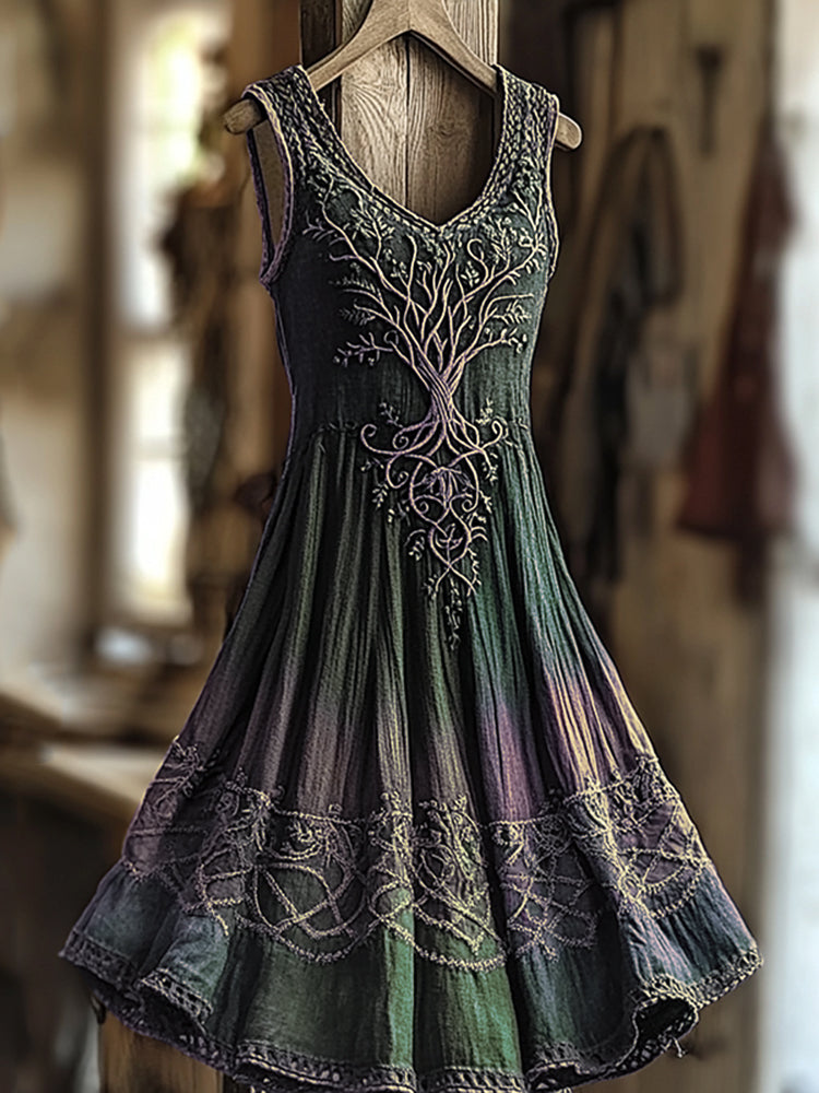 Women's Vintage Viking Tree Of Life Color Gradient Linen Dress artswardrobe
