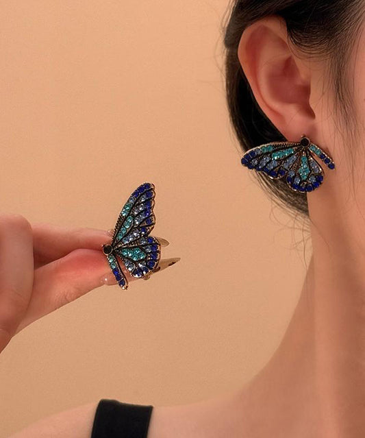 Dark Blue Sterling Silver Overgild Butterfly Stud Earrings