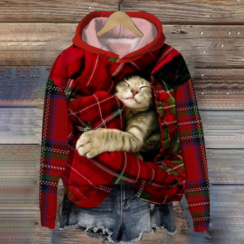 Check Cat Print Long Sleeve Casual Hoodie elevenforest