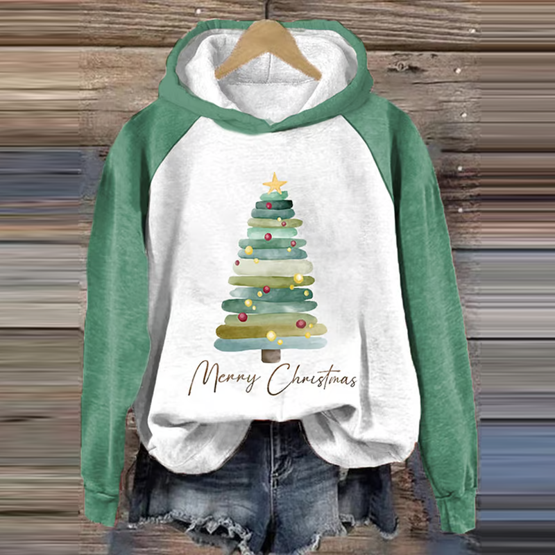 Comstylish Women's Vintage Cute Merry Christmas Tree Pattern Printed Hoodie