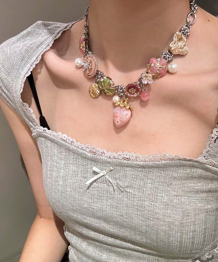 Rainbow Stainless Steel Strawberry Sea of Flowers Pendant Necklace