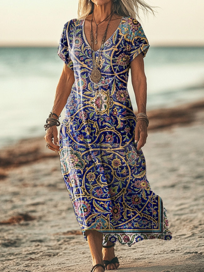 Women's Vintage Ethnic Floral Art Print Pocket Cotton Dress