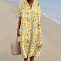Dog Art  V-neck Linen Short Sleeves Midi Dress artswardrobe