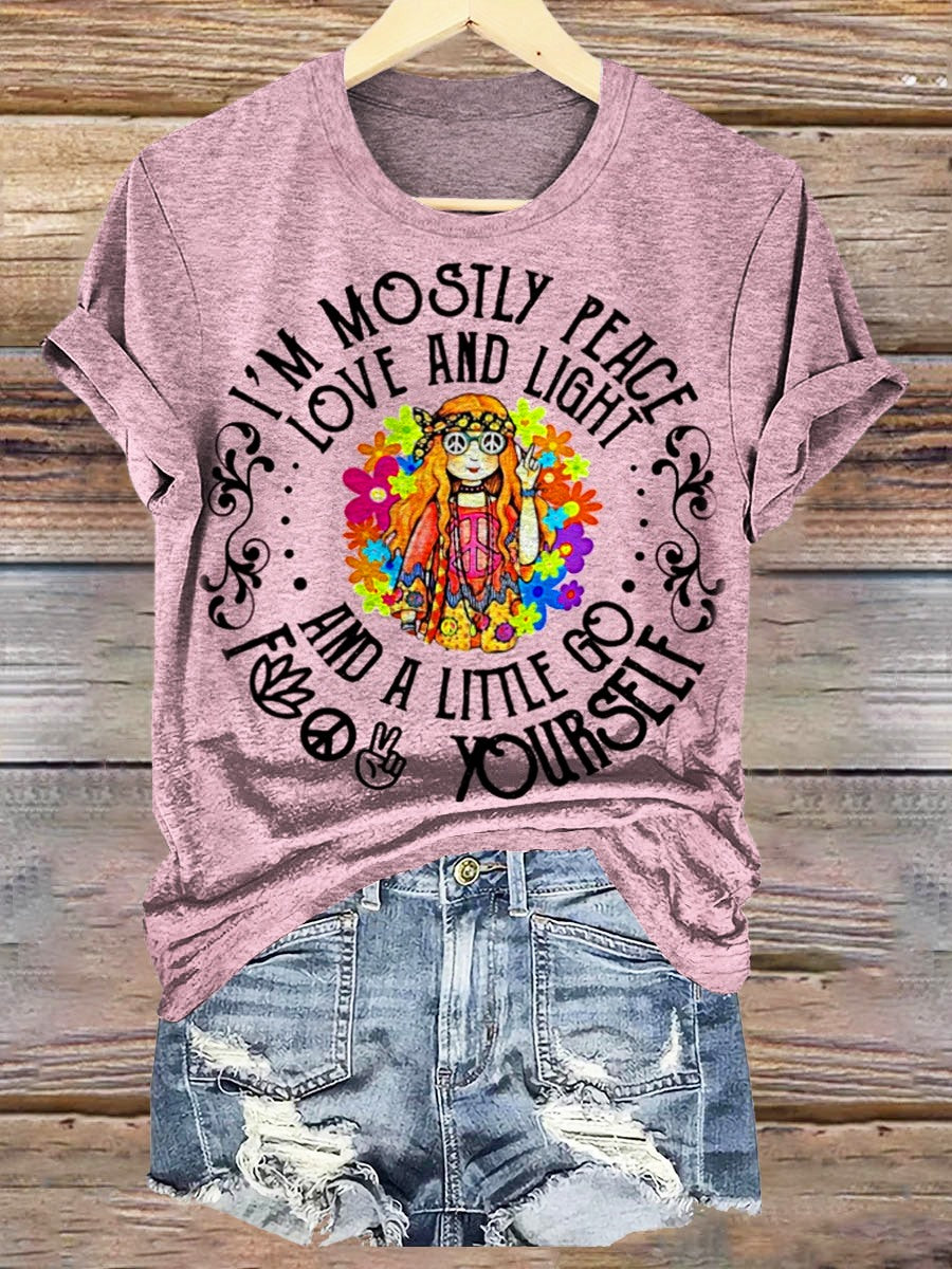 Women's Hippie I'm Mostly Peace Love Print Casual Crew Neck T-shirt