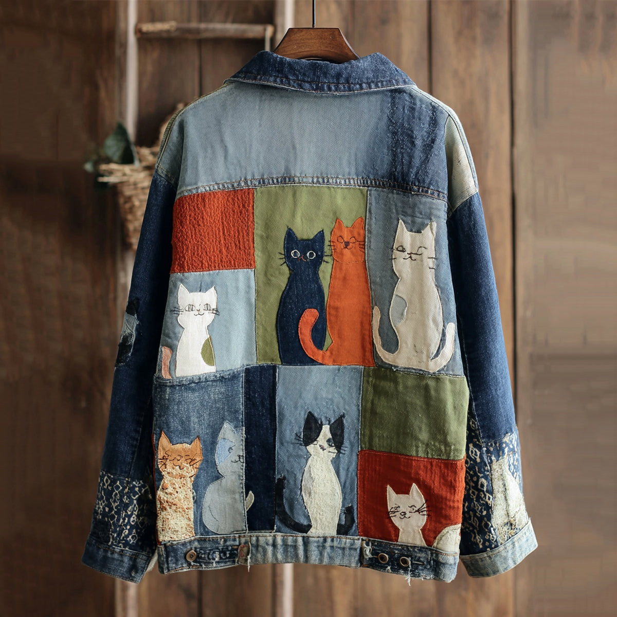 Women's Cute Patchwork Cat Print Denim Jacket elevenforest