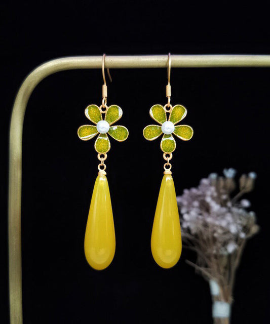 Yellow Sterling Silver Overgild Zircon Pearl Enamel Drop Earrings