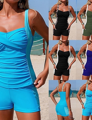 Ruched Tankini Bathing Suit 2 Pieces Color-blocking Tummy Control Elastic Sleeveless Swimwear Surfing Beach Vacation Summer