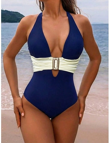 Swimwear One Piece Monokini Swimsuit Tummy Control High Waist Slim Backless Vacation Beach Wear Color Halter Neck Sleeveless Bathing Suits