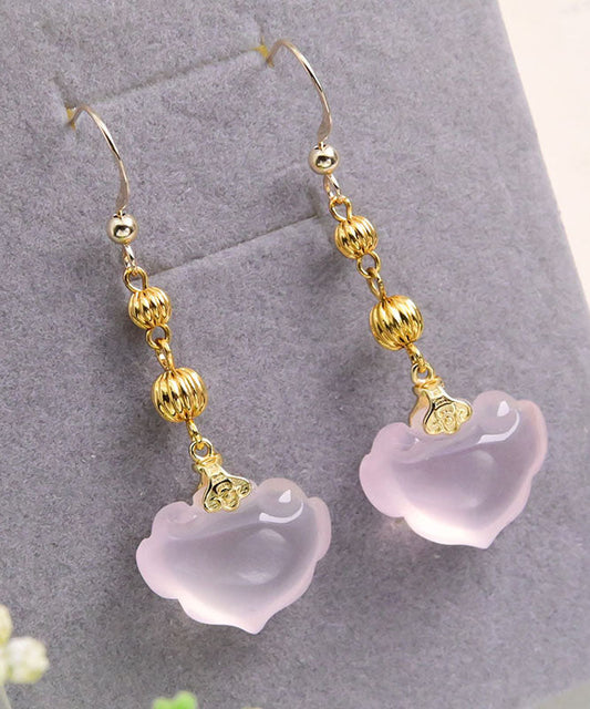 Pink 14k Gold Crystal Ruyi Drop Earrings