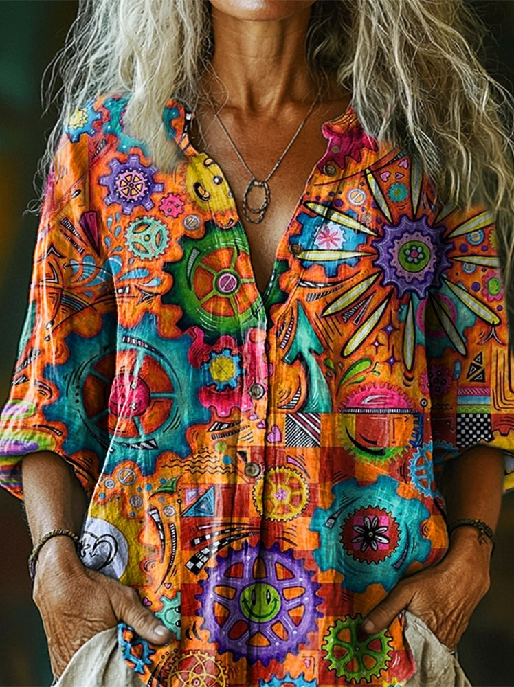 Women's Retro Ethnic Abstract Art Print Casual Cotton Linen Shirt