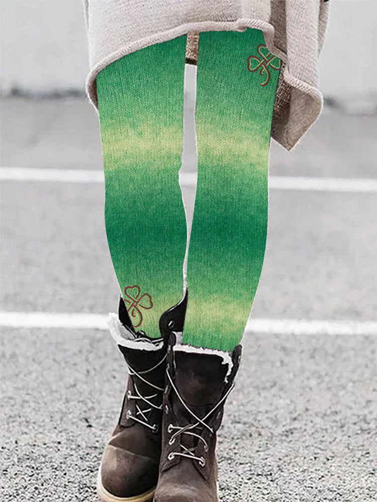 Irish Celtic Shamrock Embroidered Gradient Cozy Leggings artswardrobe
