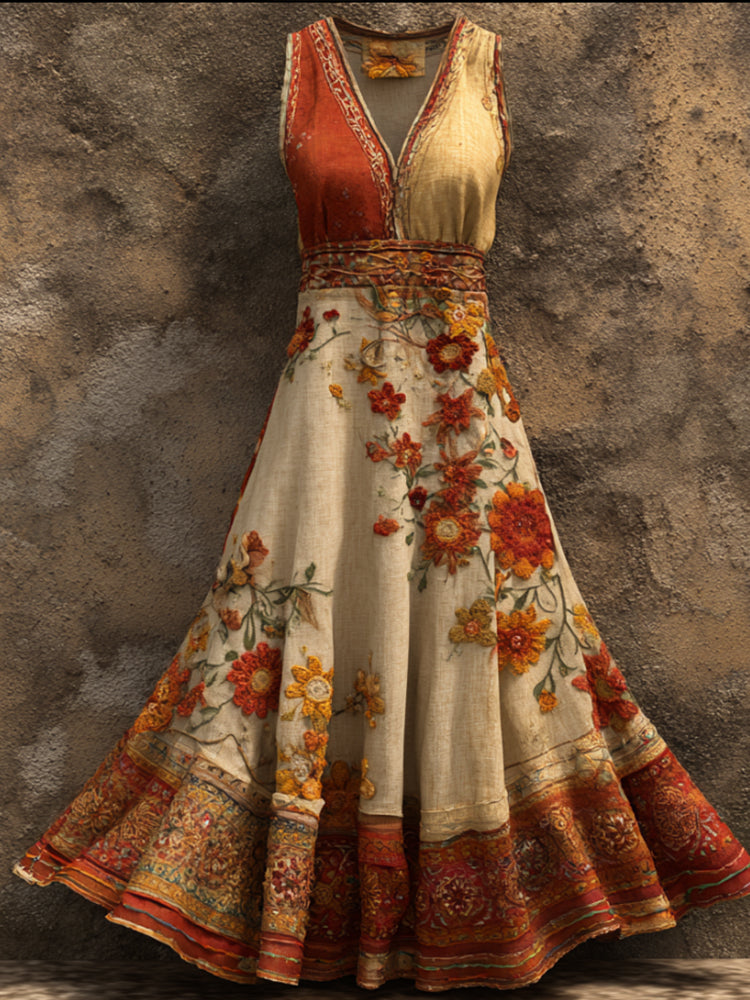 Bohemian Style Two-tone Floral V-neck Sleeveless Orange Vintage Long Dress artswardrobe
