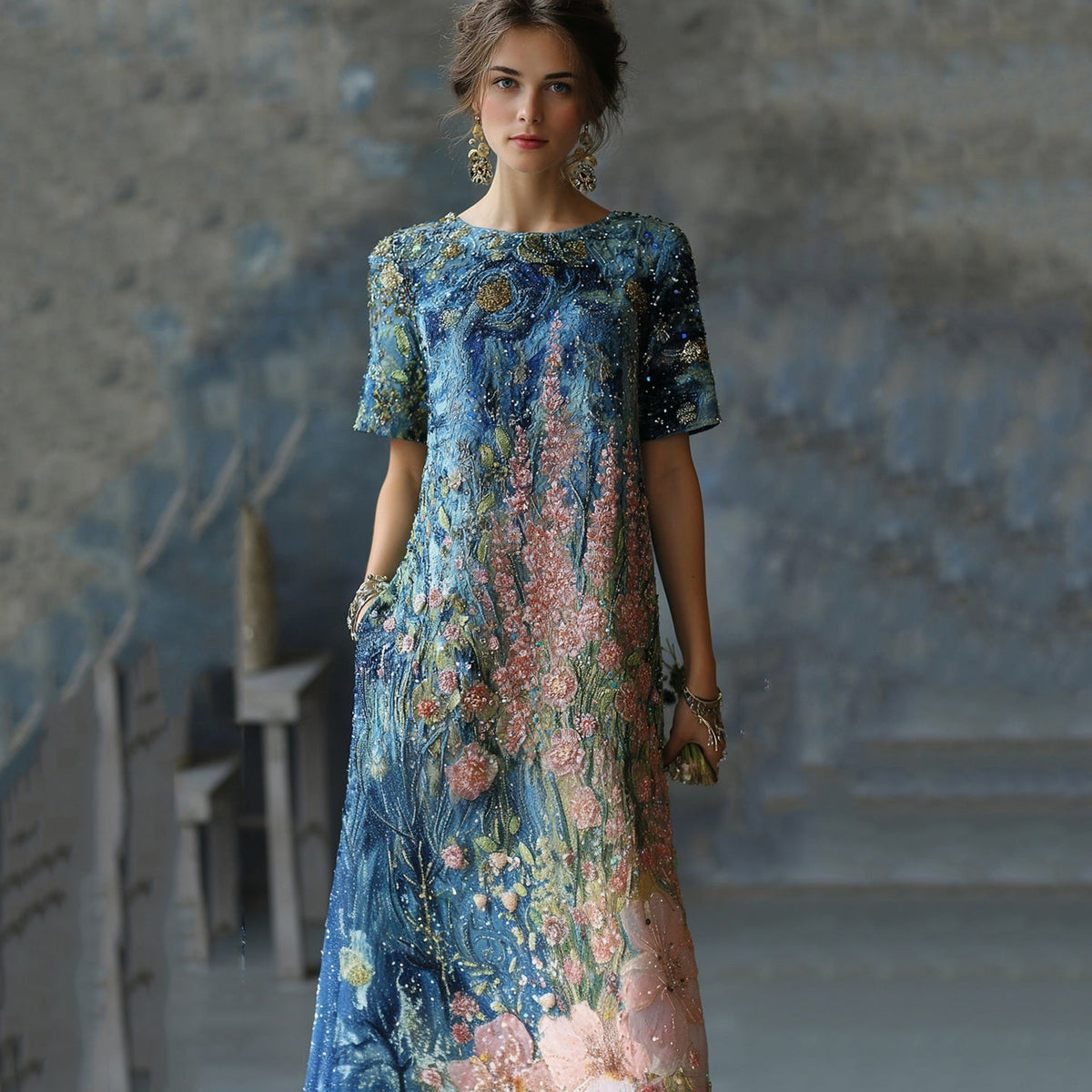 Art Oil Painting Floral Sequin Gradient Maxi Dress artswardrobe