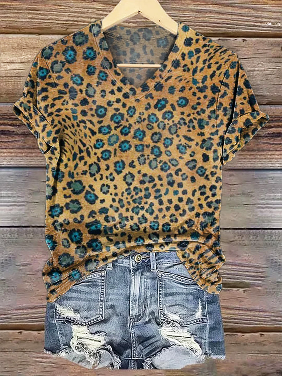 Women's Leopard Pattern Art Print V-Neck Casual T-Shirt