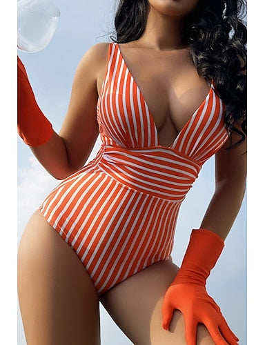 Swimwear One Piece Swimsuit Ruched Slimming Backless Tropical Beach Wear Striped V Wire Sleeveless Bathing Suits