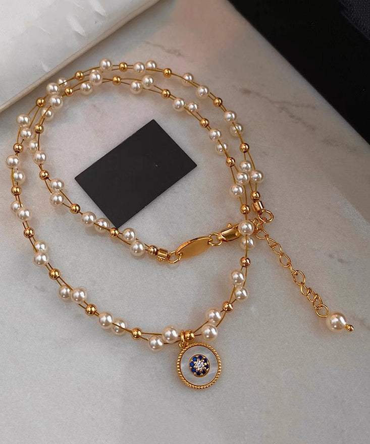 Pearl Double Layered Gilded Circle Pendant Necklace