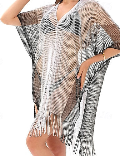 Swimwear Cover Up Swimsuit Fringe Hem Cut Out Vacation Beach Wear Ombre V Neck Short Sleeves Bathing Suits