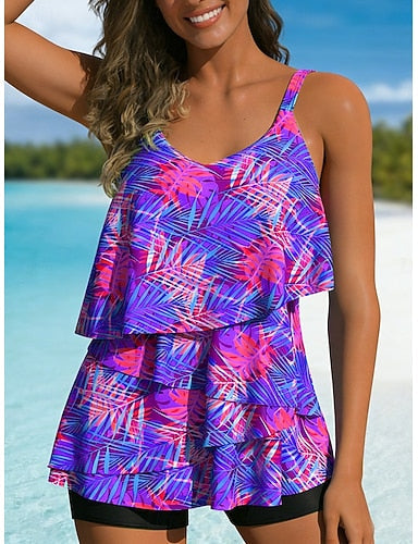 Swimwear Tankini 2 Piece High Waist Swimsuit Tummy Control High Waist Slim Backless Vacation Beach Wear Tropical U Neck Sleeveless Bathing Suits