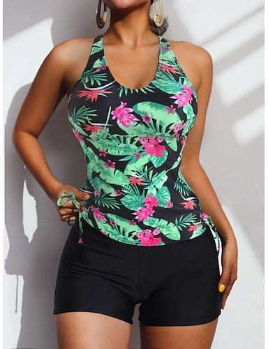 Swimwear Tankini 2 Piece Shorts Swimsuit Tummy Control High Waist Slim Backless Vacation Beach Wear Tropical U Neck Sleeveless Bathing Suits