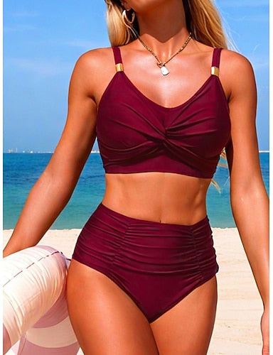 Swimwear Bikini 2 Piece Briefs Swimsuit Slim Backless Vacation Beach Wear Color V Neck Sleeveless Bathing Suits