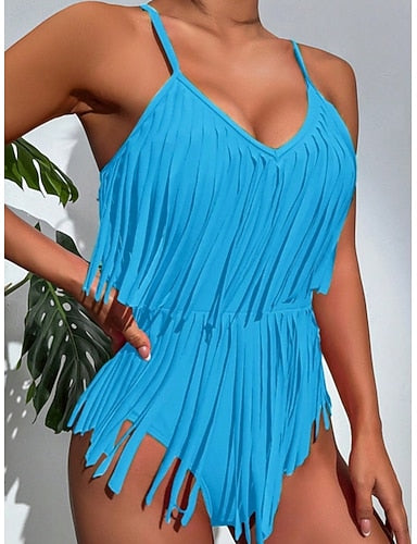 One Piece Swimsuit Monokini Tummy Control High Waist Slim Fringe Backless Vacation Beach Wear Color V Neck Sleeveless Bathing Suits