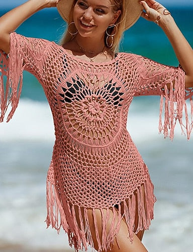 Summer Beach Dress Tassel Cut Out Beach Wear Holiday Sleeveless Black White Pink Color