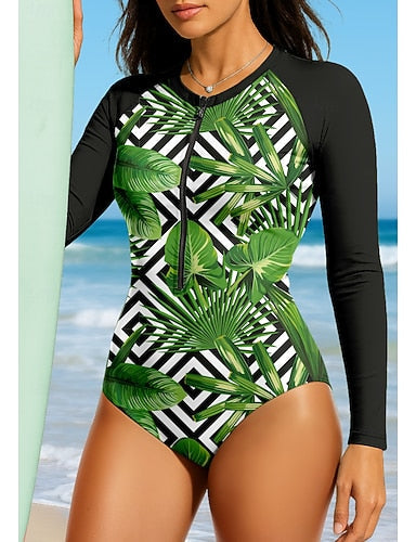 Regular Rash Guard Geometric Tropical Upf50+ Uv Protection Quick Dry Long Sleeve Bodysuit Swim Shirt Surfing Canoeing Beach Summer