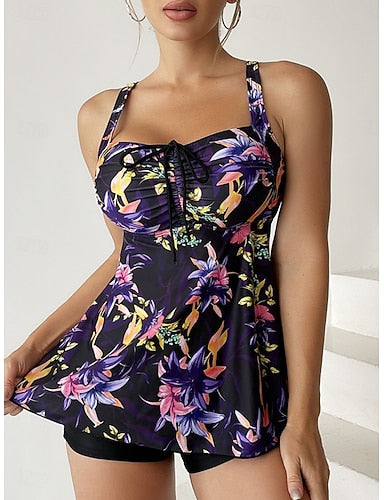 Tankini 2 Piece Swimsuit Shorts Tummy Control High Waist Slim Backless Vacation Beach Wear V Neck Sleeveless Bathing Suits