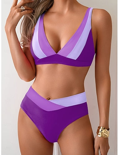 Bikini 2 Piece Swimsuit Colorblock Cheeky Slim Backless Vacation Beach Wear Color Block V Neck Sleeveless Bathing Suits