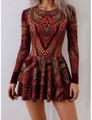 One Piece Swimsuit With Skirt Dress Tummy Control High Waist Slim Backless Vacation Beach Wear Graphic Geometic Round Neck Sleeveless Long Sleeve Bathing Suits