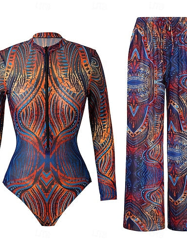 Swimwear One Piece Monokini Swimsuit Tummy Control High Waist Slim Backless Vacation Beach Wear Round Neck Long Sleeve Bathing Suits