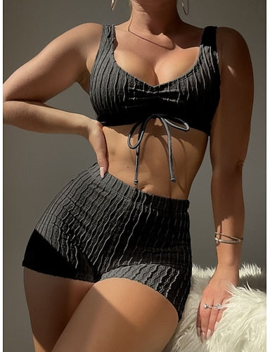 Swimwear Bikini 2 Piece Shorts Swimsuit Slim Backless Vacation Beach Wear Color V Neck Sleeveless Bathing Suits