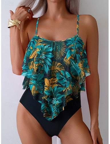 Tankini 2 Piece Swimsuit Leopard Briefs Tummy Control High Waist Slim Backless Vacation Beach Wear Scoop Neck Sleeveless Bathing Suits