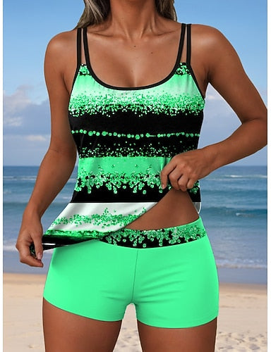 Tankini 2 Piece Swimsuit Shorts Backless Vacation Beach Wear Graphic Geometric U Neck Sleeveless Bathing Suits