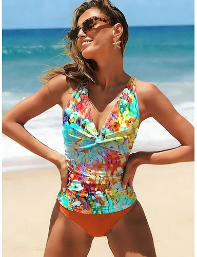 Tankini 2 Piece Swimsuit Slimming Ruched Shorts Lace Up Backless Vacation Beach Wear Ombre V Neck Sleeveless Bathing Suits