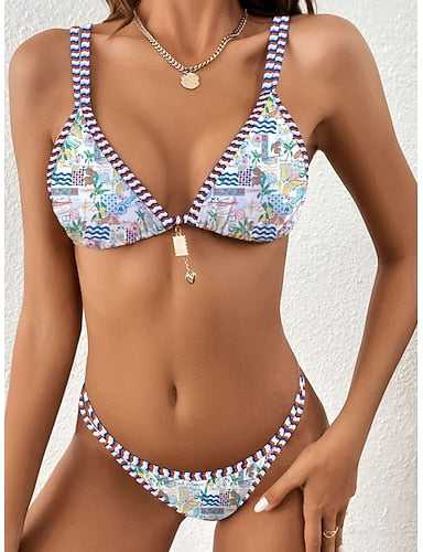 Bikini 2 Piece Swimsuit Thong Slim Backless Vacation Beach Wear Graphic V Neck Sleeveless Bathing Suits