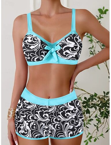 Bikini 2 Piece Swimsuit Shorts Slim Backless Vacation Beach Wear Color Block Geometic V Neck Sleeveless Bathing Suits