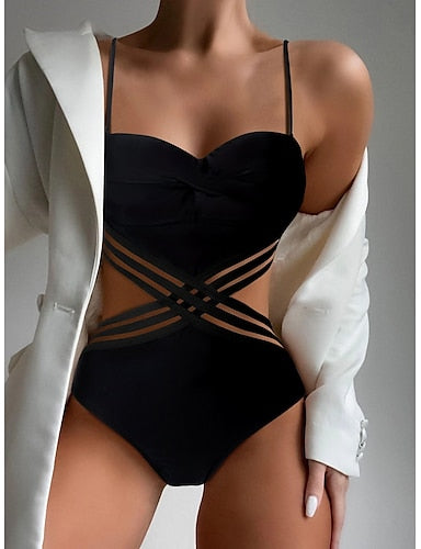 Normal Swimwear One Piece Monokini Wrap Swimsuit Cutout Cut Out Beach Wear Summer Plain Sleeveless Bathing Suits