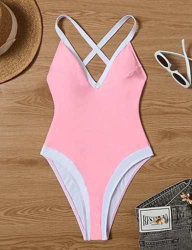 Swimwear One Piece Swimsuit Thong One Piece Patchwork Backless Vacation Beach Wear Color Block Plunge Sleeveless Bathing Suits