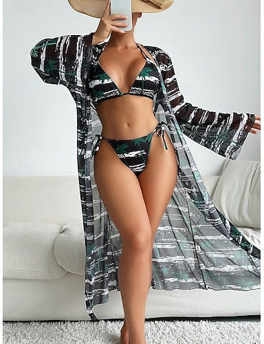 Bikini 3 Piece Swimsuit Palm Cheeky Slim Backless Vacation Beach Wear Graphic Leaves Halter Neck Sleeveless Bathing Suits