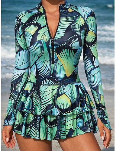 Swimwear One Piece Swim Dress Skirt Swimsuit Ruched Zipper Vacation Beach Wear High Neck Long Sleeve Bathing Suits