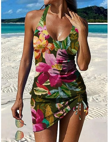 Swimwear One Piece Skirt Swimsuit Vacation Graphic Geometric Sleeveless Bathing Suits
