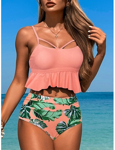 Swimwear Bikini 2 Piece High Waist Swimsuit High Waist Slim Backless Vacation Beach Wear Tropical V Neck Sleeveless Bathing Suits