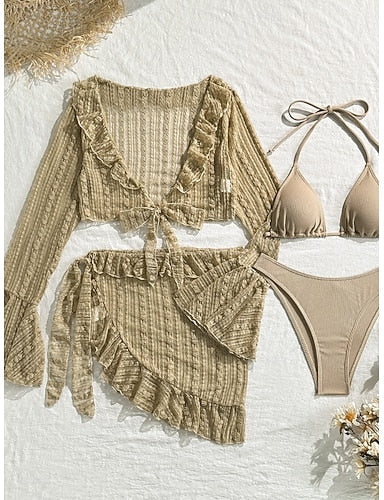 Swimwear Bikini Three Piece Cheeky Swimsuit Slim Backless Vacation Beach Wear Color Halter Neck Sleeveless Long Sleeve Bathing Suits