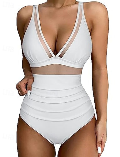 Swimwear One Piece Bikini Shorts Swimsuit Mesh Backless Vacation Beach Wear Color V Neck Sleeveless Bathing Suits