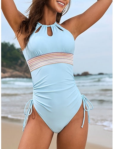 One Piece Swimsuit Slimming Ruched Cutout Colorblock Monokini Tummy Control High Waist Slim Backless Vacation Beach Wear Color Halter Neck Sleeveless Bathing Suits