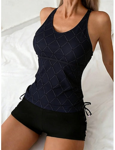 Swimwear Tankini 2 Piece High Waist Swimsuit Tummy Control High Waist Slim Backless Vacation Beach Wear Striped Geometic U Neck Sleeveless Bathing Suits